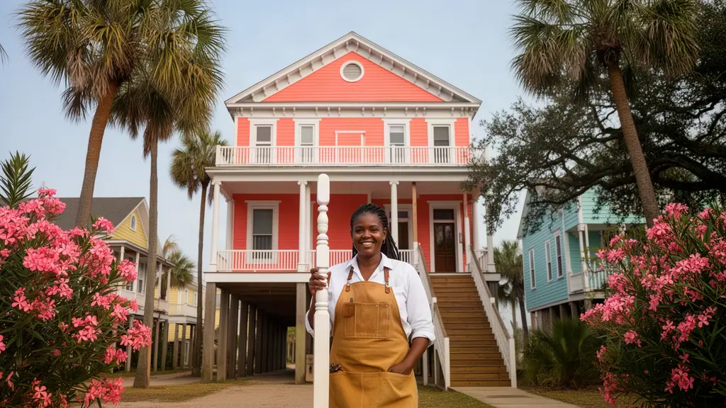 Smiling restoration carpenter holding a turned white porch spindle in front of a coral raised Victorian house with palms and oleanders